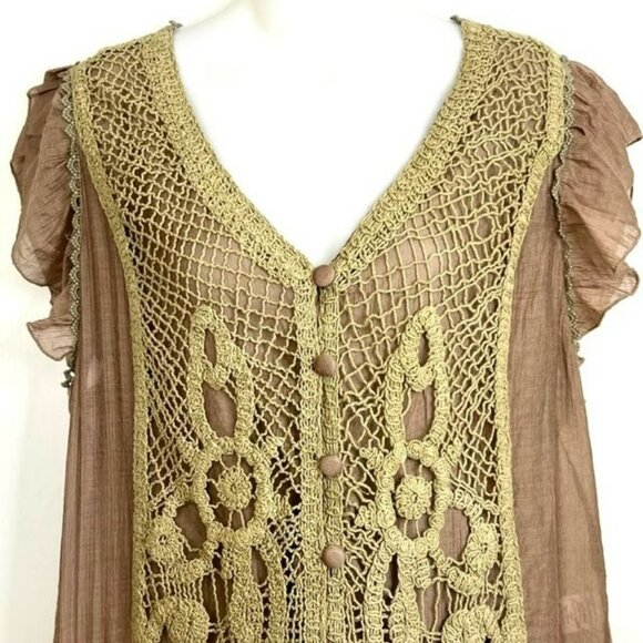 NWOT SCULLY BRONZE BEIGE SEMI-SHEER LAYERED LACE BLOUSE SIZE LARGE - Picture 3 of 13